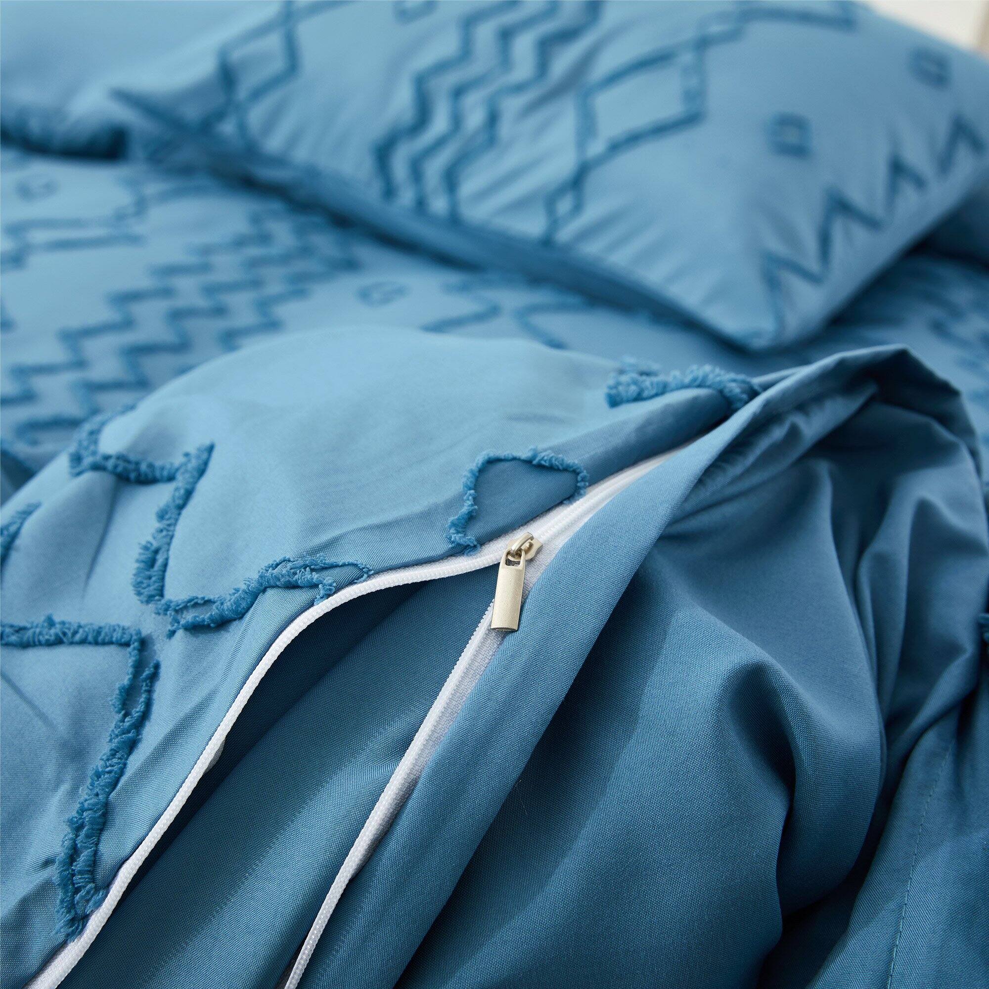 Back. Nest - Peace Nest Tufted Clipped Jacquard Geometric Duvet Cover Diamond Pattern Bedding Set with Pillowcase - Navy.