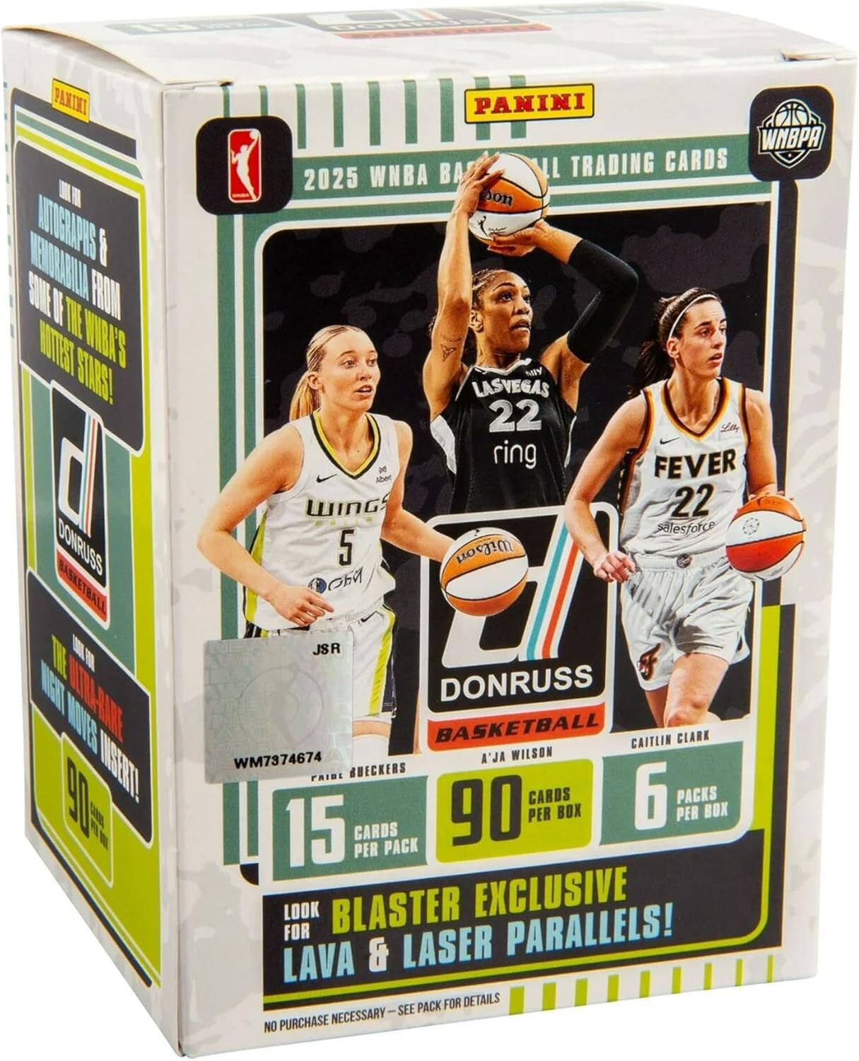PANINI  
2025 WNBA Basketball Trading Cards  

Autographs & Memorabilia from Some of the WNBA's Hottest Stars!  

Donruss Basketball  
90 Cards per Box  
6 Packs per Box  
15 Cards per Pack  

Look for Blaster Exclusive Lava & Laser Parallels!  

No Purchase Necessary - See Details  

A'ja Wilson  
Caitlin Clark  
Faith Buckners  

WM7374674  

Las Vegas 22 Ring  
Fever 22  

Panini  
WNBA