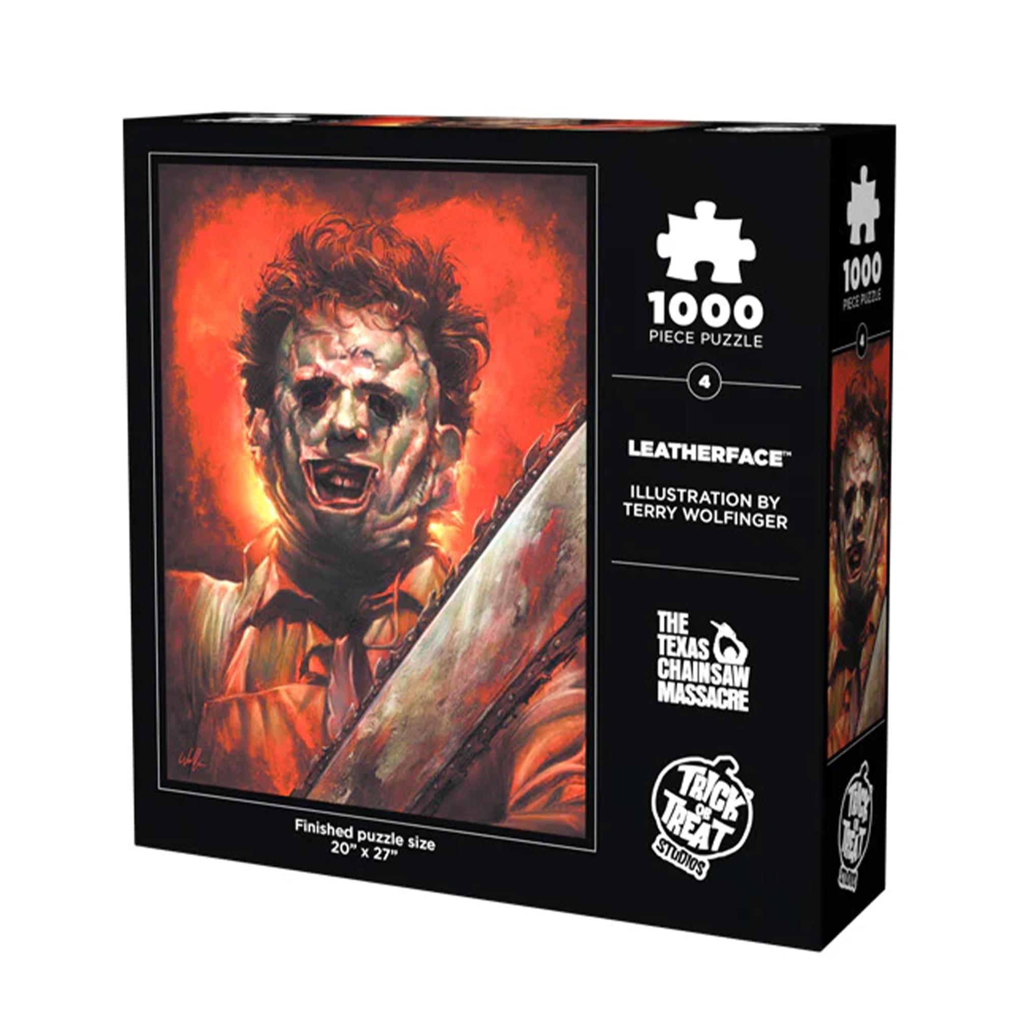 1000 Piece Puzzle  
1000 Pez Azza 4  
Leatherface  
Illustration by Terry Wolfinger  
Finished puzzle size 20" x 27"  
The Texas Chainsaw Massacre  
Trick 'r Treat Studios
