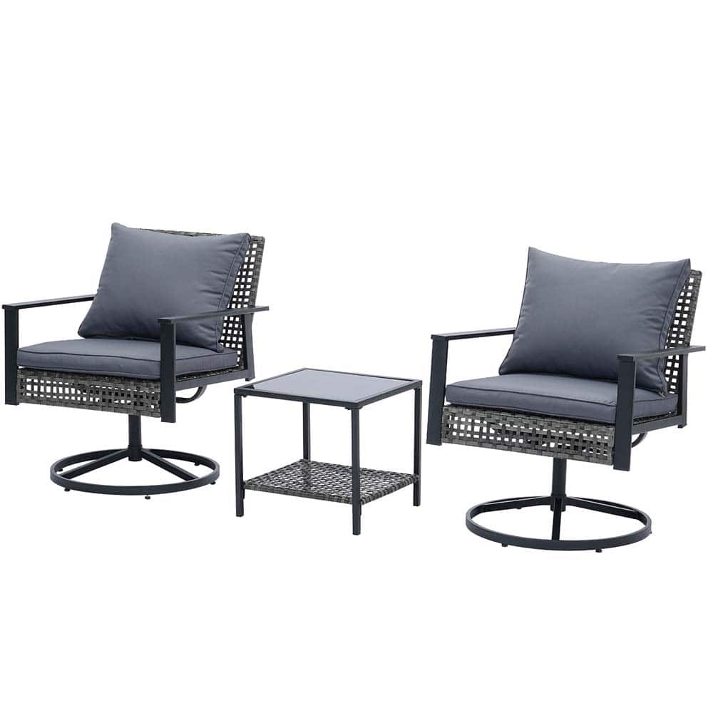Ainfox - 3 Pieces Patio Wicker Chairs Swivel Rocker - Gray