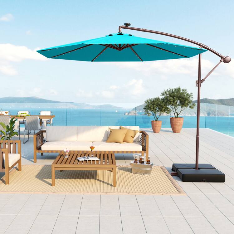 Angle. Mondawe - 10 FT Offset Cantilever Patio Umbrella 40 Solar Lights with Sandbag - Turquoise.