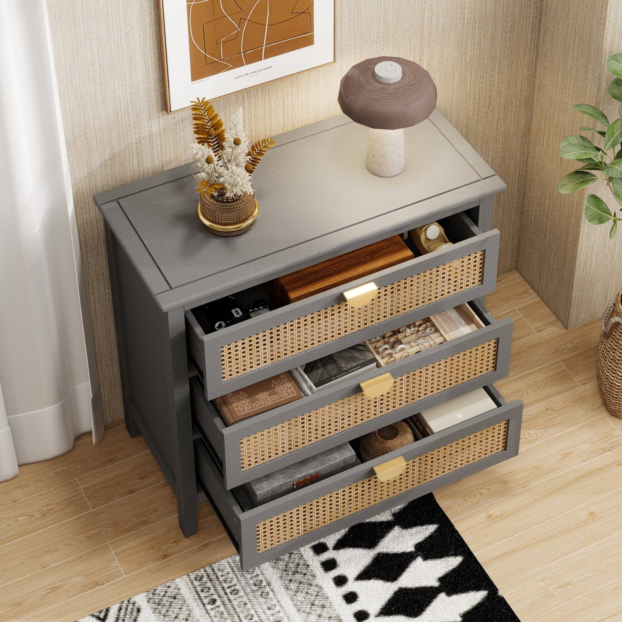 Alt View 9. Boyel Living - Gray 30 in. 3 Drawer Cabinet, Natural rattan Suitable for bedroom, living room, study - Gray.