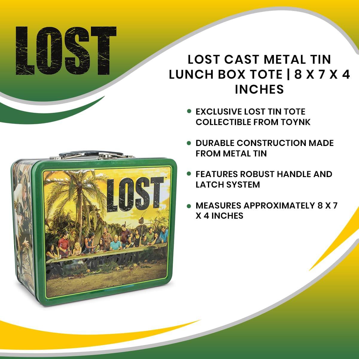 LOST CAST METAL TIN LUNCH BOX TOTE | 8 X 7 X 4 INCHES

- EXCLUSIVE LOST TIN TOTE COLLECTIBLE FROM TOYNK
- DURABLE CONSTRUCTION MADE FROM METAL TIN
- FEATURES ROBUST HANDLE AND LATCH SYSTEM
- MEASURES APPROXIMATELY 8 X 7 X 4 INCHES
