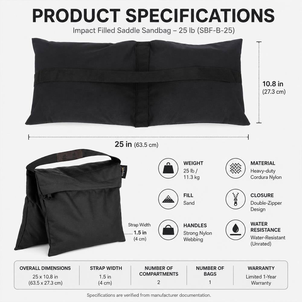 PRODUCT SPECIFICATIONS  
Impact Filled Saddle Sandbag - 25 lb (SBF-B-25)  

- 10.8 in (27.3 cm)  
- 25 in (63.5 cm)  
- WEIGHT: 25 lb / 11.3 kg  
- MATERIAL: Heavy-duty Cordura Nylon  
- FILL: Sand  
- CLOSURE: Double-Zipper Design  
- STRAP WIDTH: 1.5 in (4 cm)  
- HANDLES: Strong Nylon Webbing  
- WATER RESISTANCE: Water-Resistant (Unrated)  
- OVERALL DIMENSIONS: 25 x 10.8 in (63.5 x 27.3 cm)  
- NUMBER OF COMPARTMENTS: 2  
- NUMBER OF BAGS: 1  
- WARRANTY: Limited 1-Year Warranty  

Specifications are verified from manufacturer documentation.