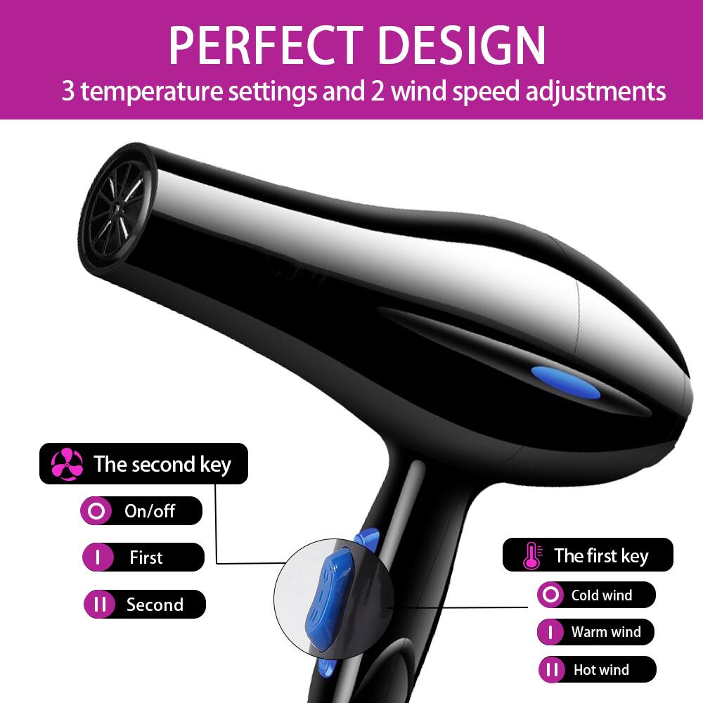 PERFECT DESIGN  
3 temperature settings and 2 wind speed adjustments  

The second key  
- On/off  
- First  
- Second  

The first key  
- Cold wind  
- Warm wind  
- Hot wind