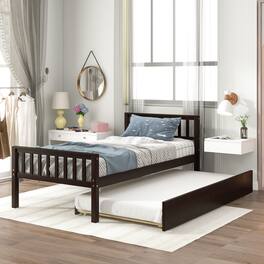 GOODSILO - Space-Saving Twin Platform Bed Frame with Pull-Out Trundle and Headboard for Compact Living Areas - Espresso