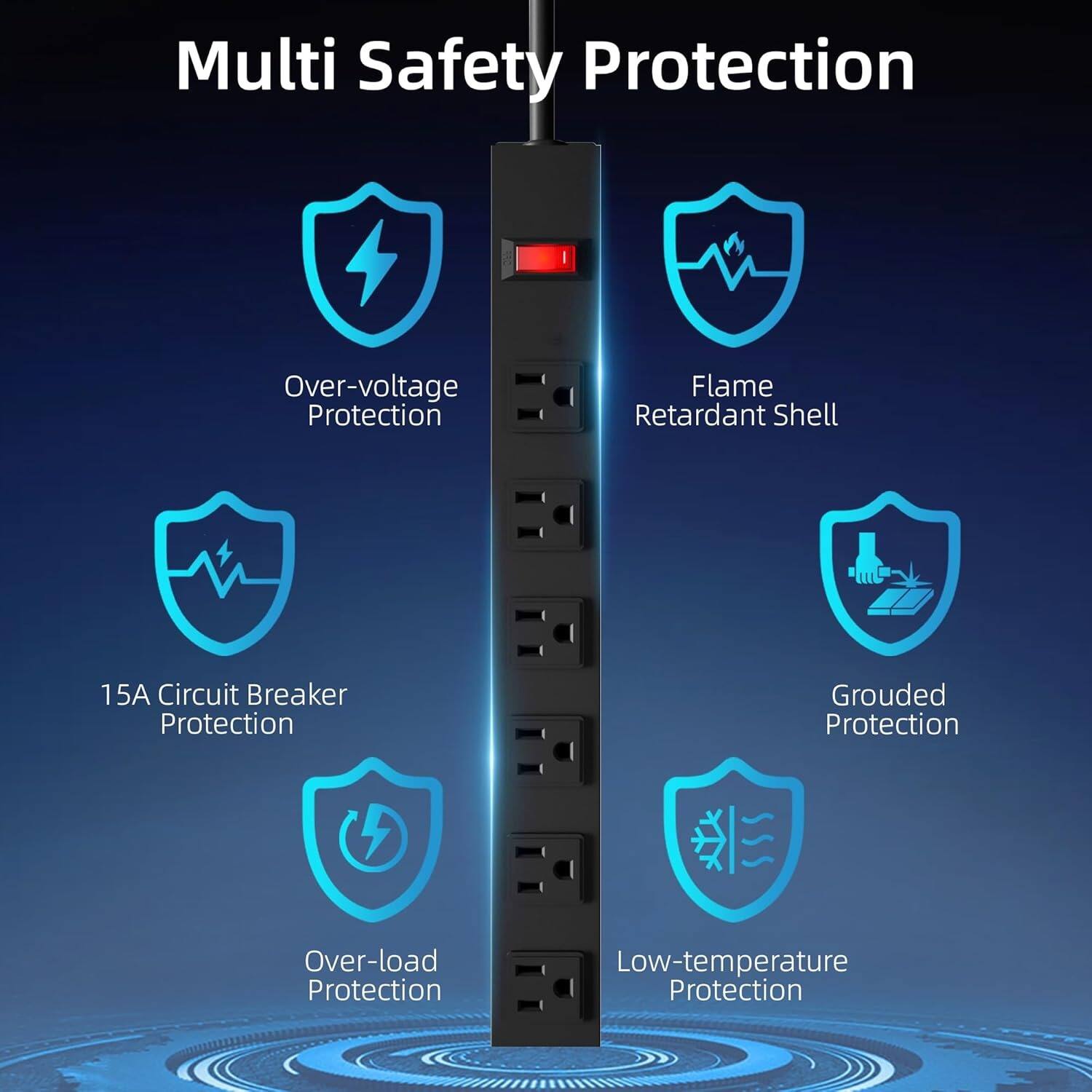 Multi Safety Protection

Over-voltage Protection
Flame Retardant Shell
15A Circuit Breaker Protection
Grounded Protection
Over-load Protection
Low-temperature Protection