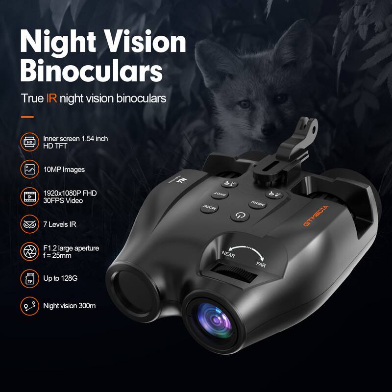 Night Vision Binoculars  
True IR night vision binoculars

- Inner screen 1.54 inch HD TFT
- 10MP Images
- 1920x1080P FHD 30FPS Video
- 7 Levels IR
- F1.2 large aperture f=25mm
- Up to 128G
- Night vision 300m

NEAR FAR