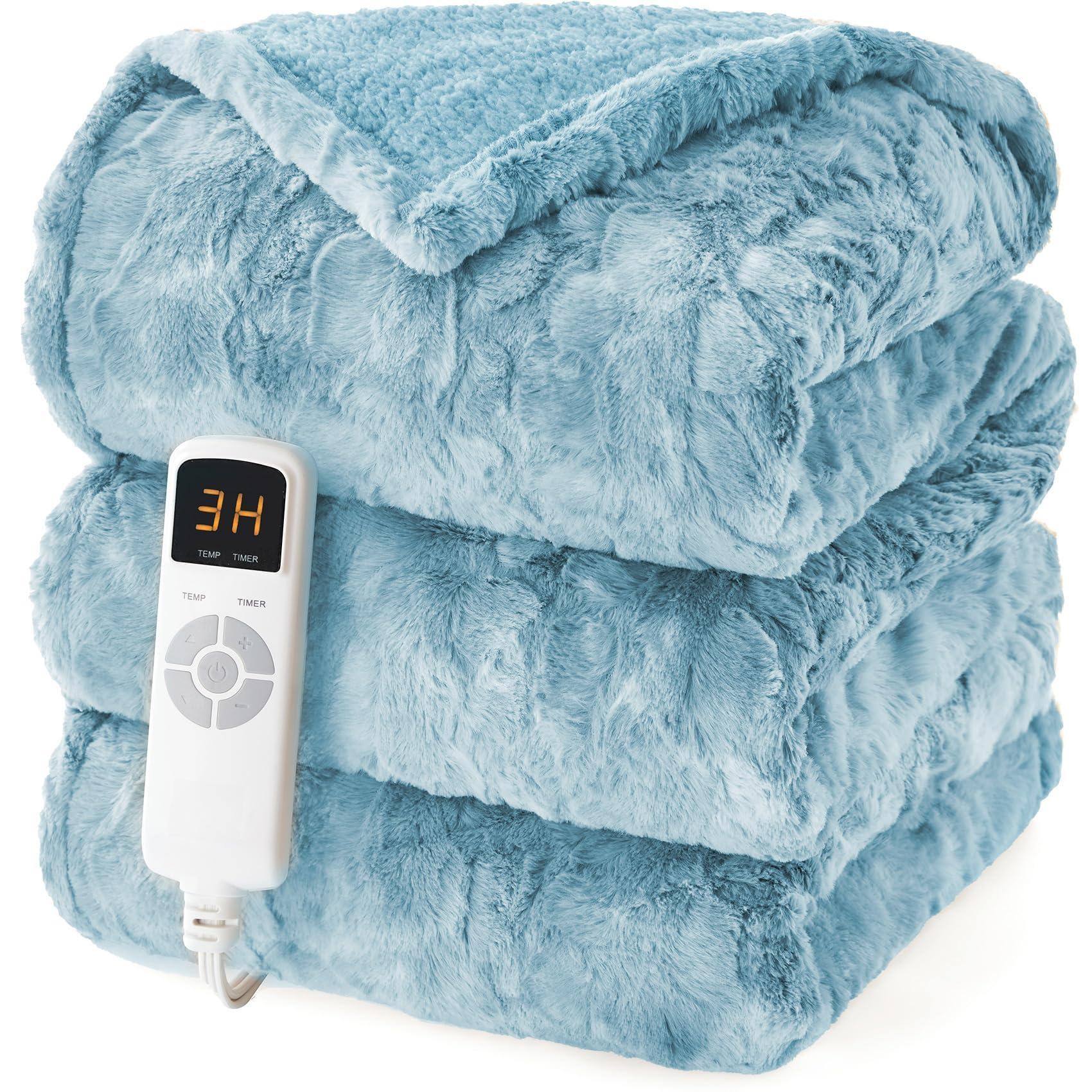 Paradigms Interiors - Electric Heated Blanket Queen Size Faux 10 Hours Auto Shut Off 9 Heating Levels With Dual Control Soft Warm - Light Blue-Throw