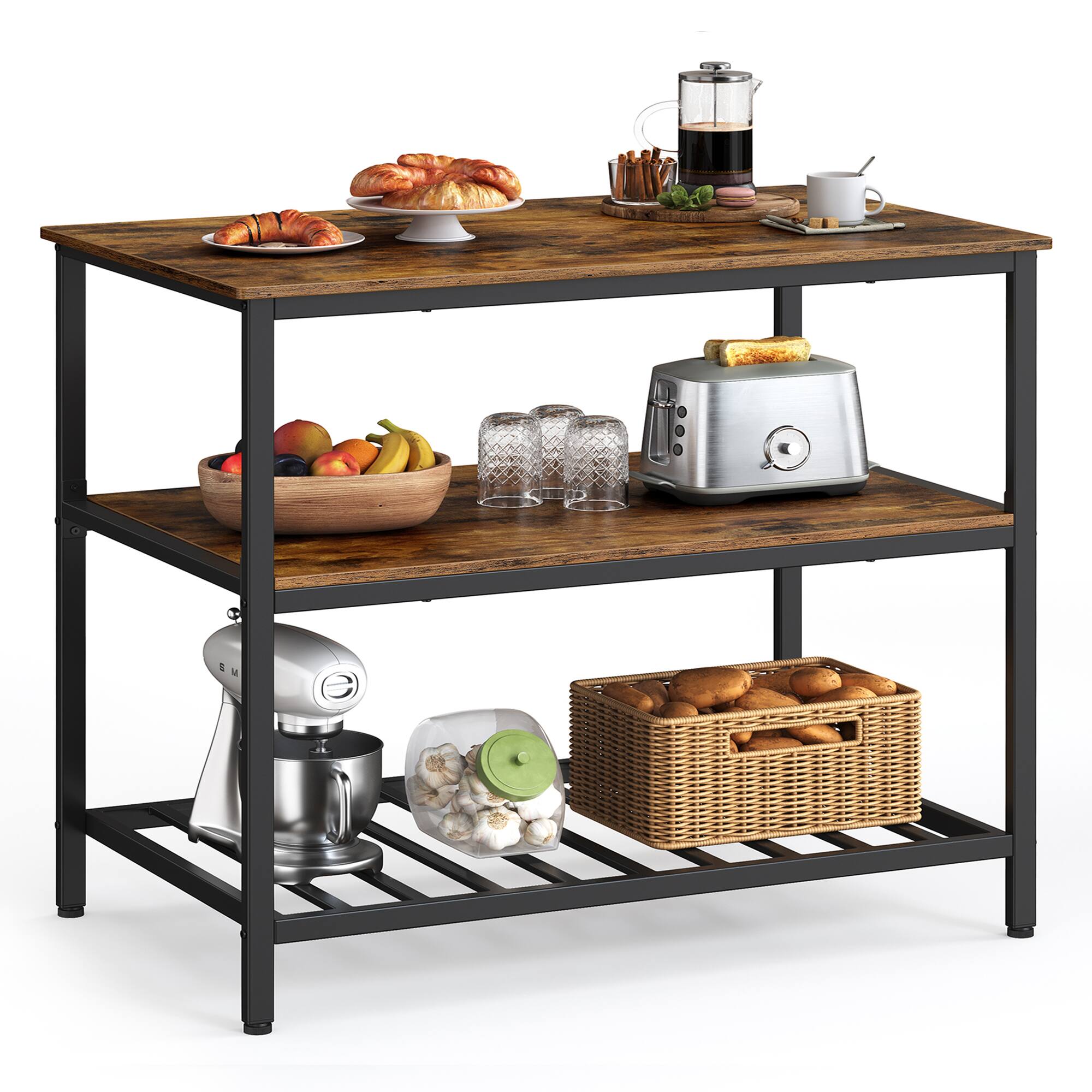 Front. Songmics Home - Kitchen Island with 3 Shelves, 39.4 Inches Width Kitchen Shelf with Large Worktop, Stable Steel Structure, Industrial.