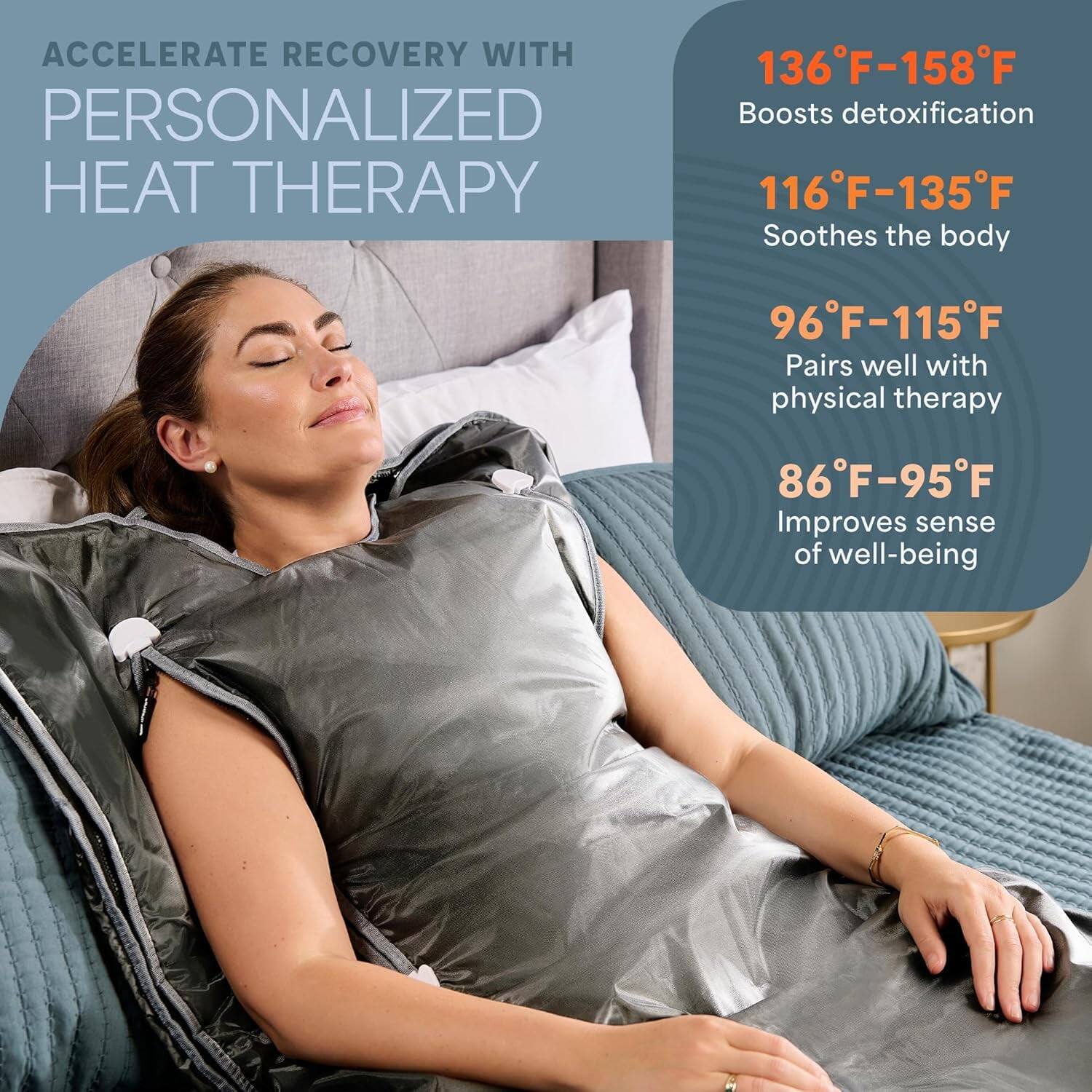 ACCELERATE RECOVERY WITH PERSONALIZED HEAT THERAPY

136°F-158°F  
Boosts detoxification

116°F-135°F  
Soothes the body

96°F-115°F  
Pairs well with physical therapy

86°F-95°F  
Improves sense of well-being