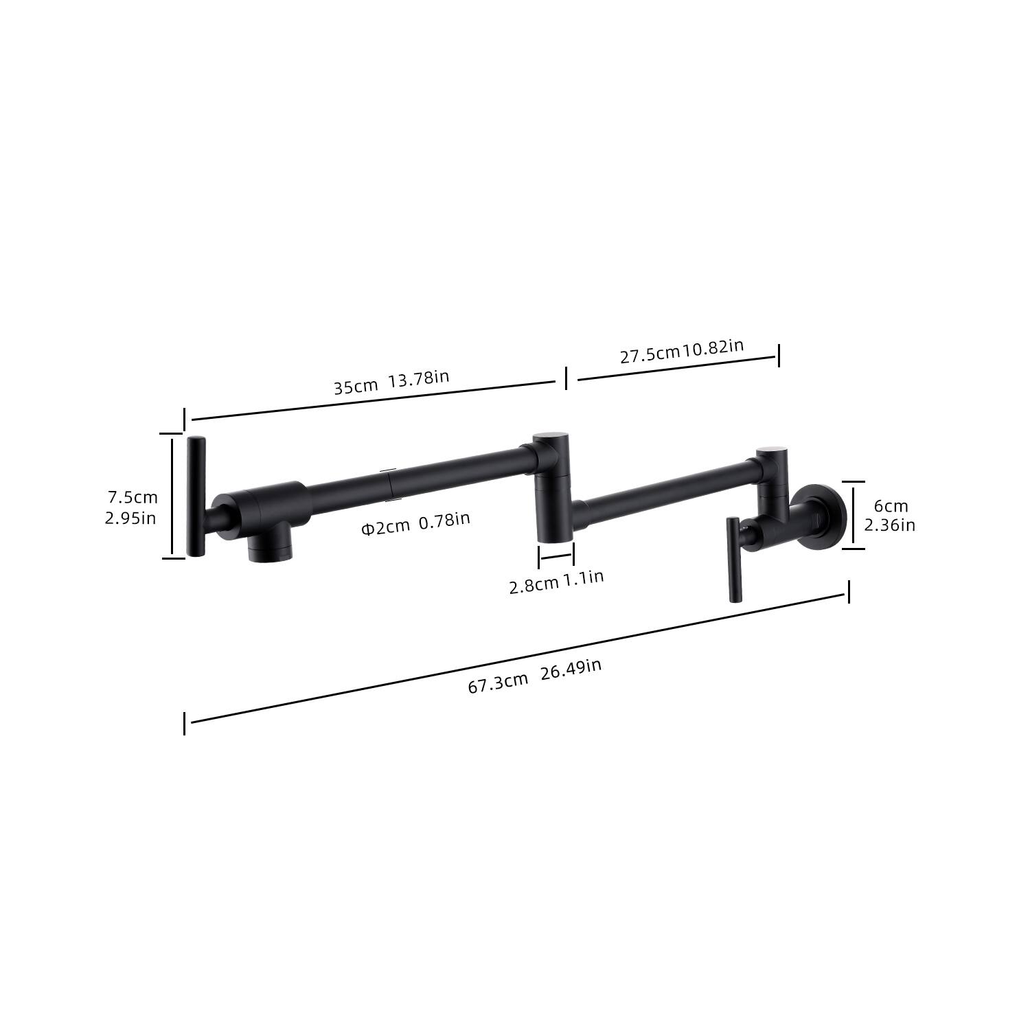 - 35cm 13.78in
- 27.5cm 10.82in
- 7.5cm 2.95in
- 2cm 0.78in
- 6cm 2.36in
- 2.8cm 1.1in
- 67.3cm 26.49in