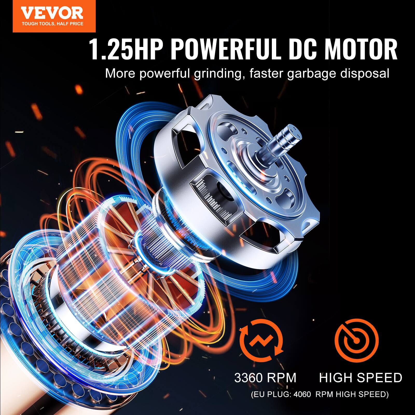 VEVOR TOUGH TOOLS, HALF PRICE

1.25HP POWERFUL DC MOTOR
More powerful grinding, faster garbage disposal

3360 RPM HIGH SPEED
(EU PLUG: 4060 RPM HIGH SPEED)
