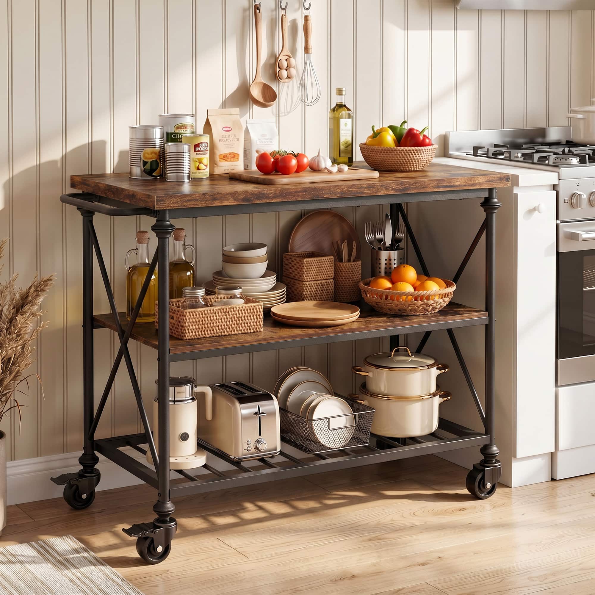 Photos - Kitchen System Aheaplus - 3-Tier Wood & Metal Rolling Kitchen Cart with Pipe-Leg Design, Lockable Wheels & Storage Shelves for Kitchen & Di