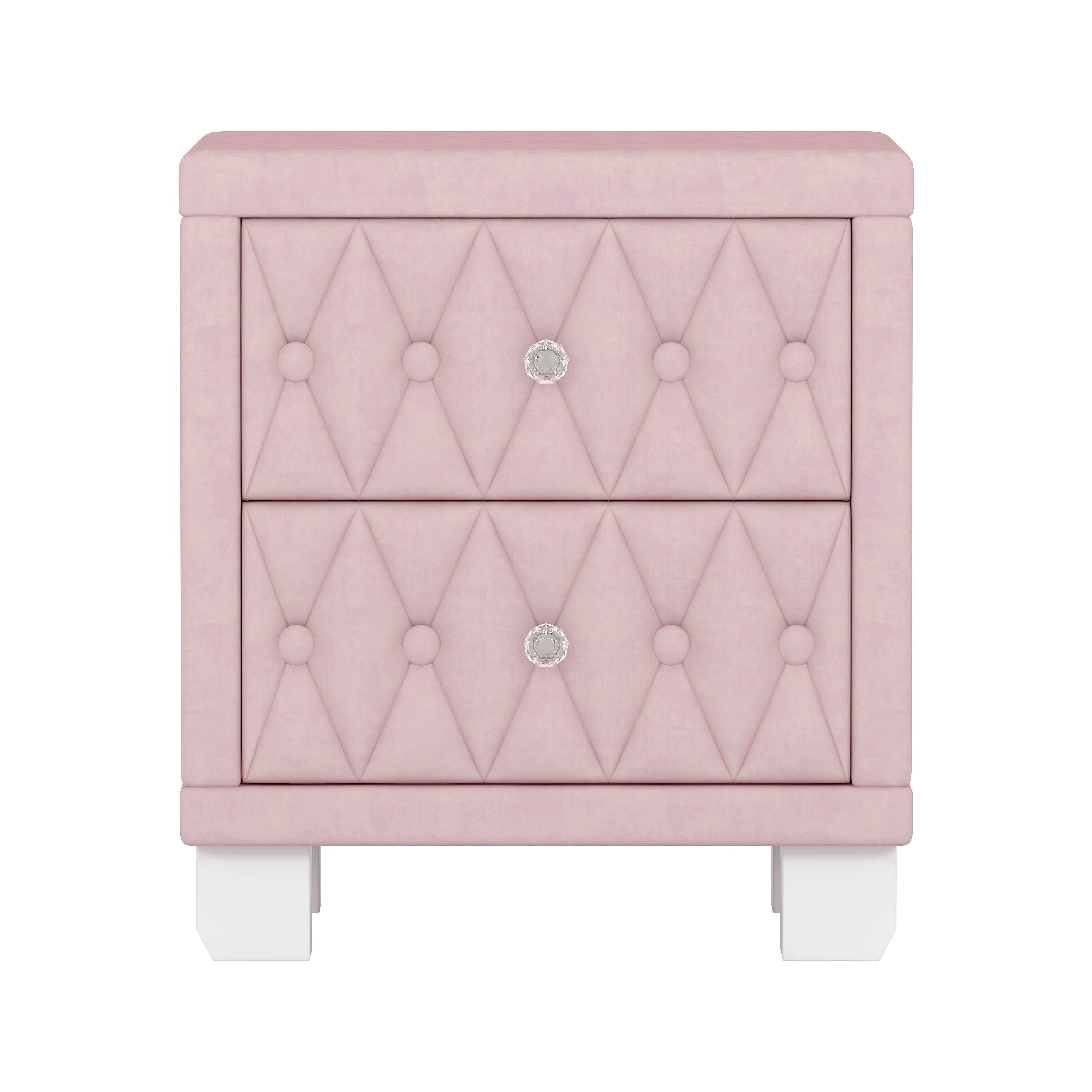 Left. Bestier - Elegant Velvet Nightstand with 2 Drawers and Crystal Handle, Storage Bedside Table with Button-Tufted, Pink - Pink.