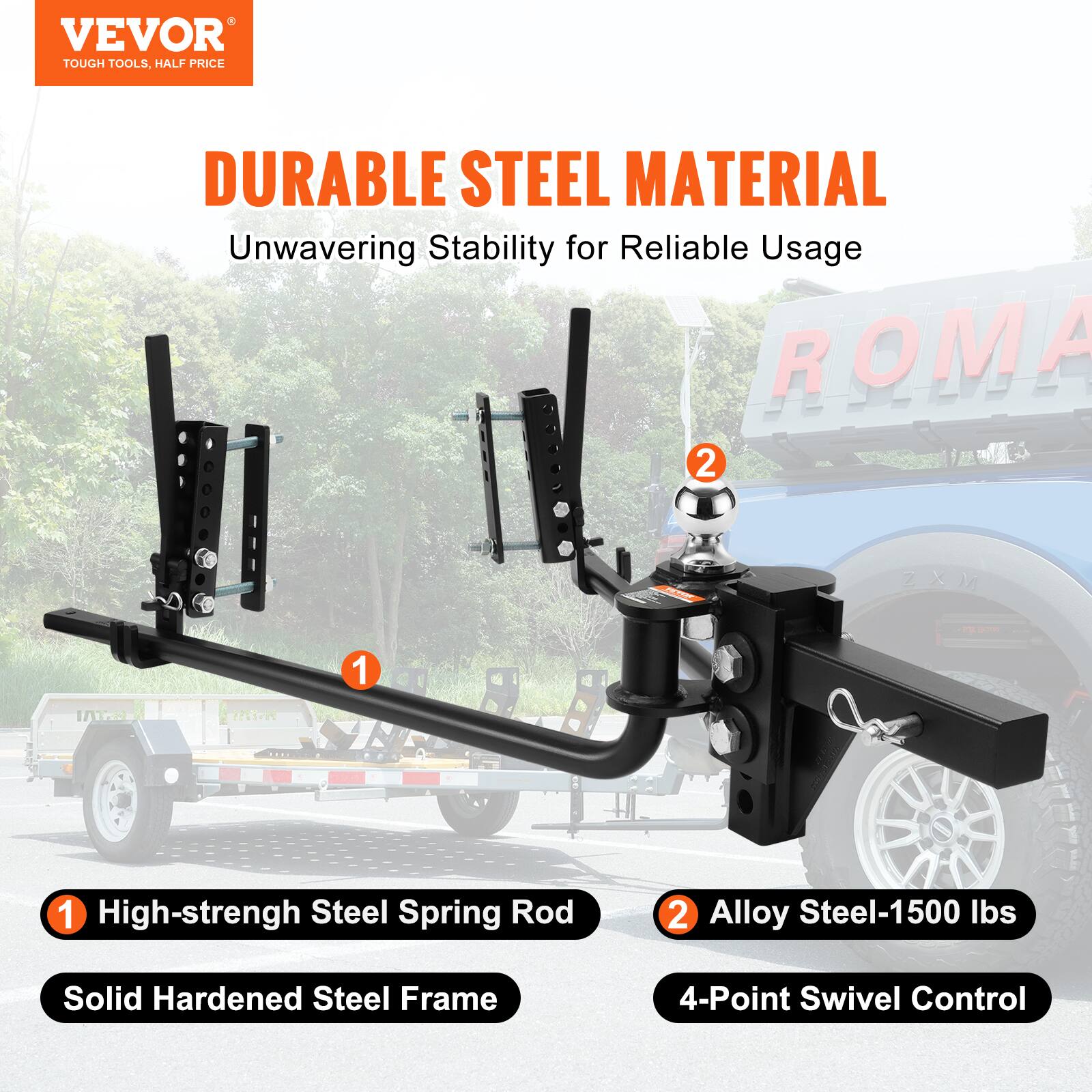 VEVOR TOUGH TOOLS. HALF PRICE DURABLE STEEL MATERIAL Unwavering Stability for Reliable Usage

1. High-strength Steel Spring Rod
2. Alloy Steel-1500 lbs
Solid Hardened Steel Frame
4-Point Swivel Control