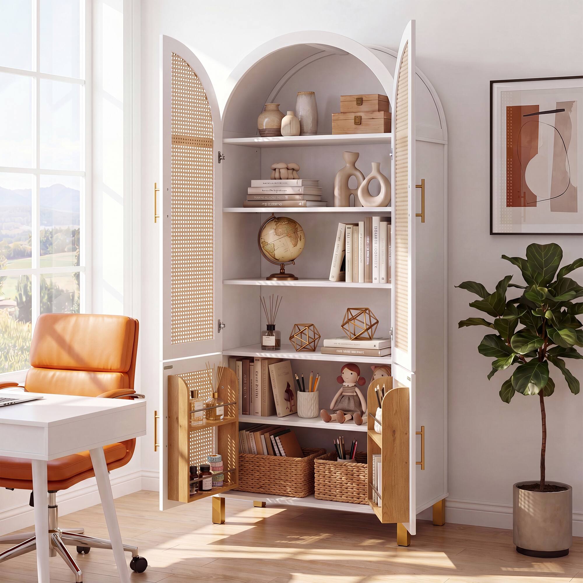 Back. Loheer - Loheer Arched Storage Cabinet with Rattan Doors, White Farmhouse Storage Cabinet with Adjustable Shelves - White.