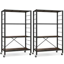 Costway - 2pcs 4-Tier Foldable Storage Shelf Collapsible Shelving Unit Display w/ Lockable Wheels Storage Rack - Rustic Brown,Black