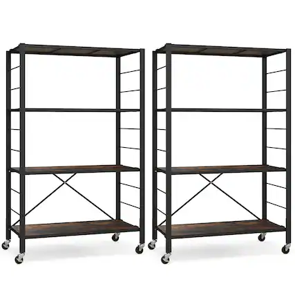 Front. Costway - Costway 2pcs 4-Tier Foldable Storage Shelf Collapsible Shelving Unit Display w/ Lockable Wheels Storage Rack - Rustic Brown,Black.