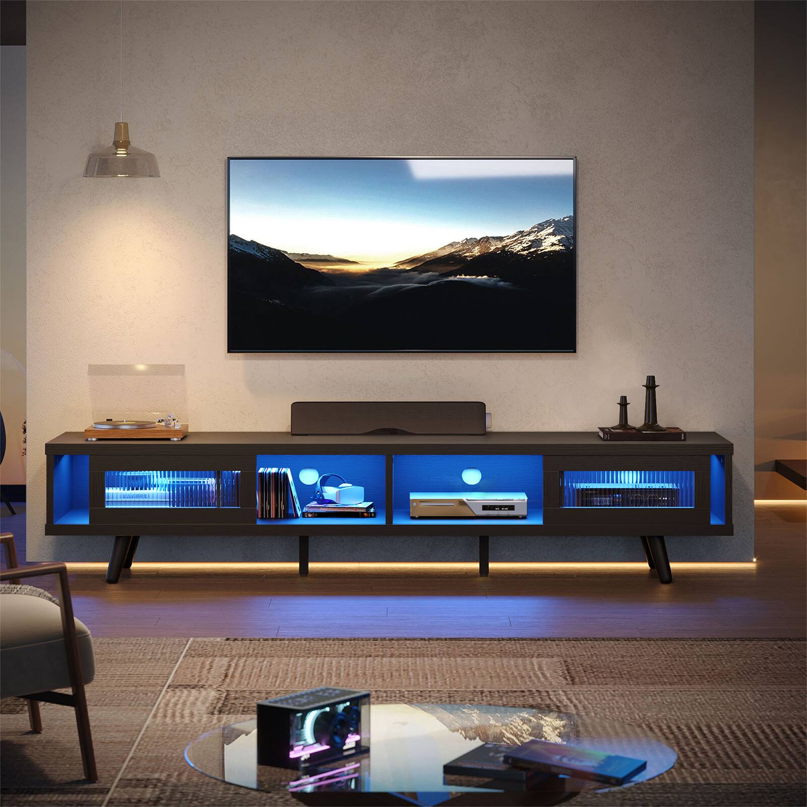 Alt View 1. Bestier - 70" LED TV Stand Mid-Century Modern Gaming Entertainment Center with Sliding Glass Door - Black.