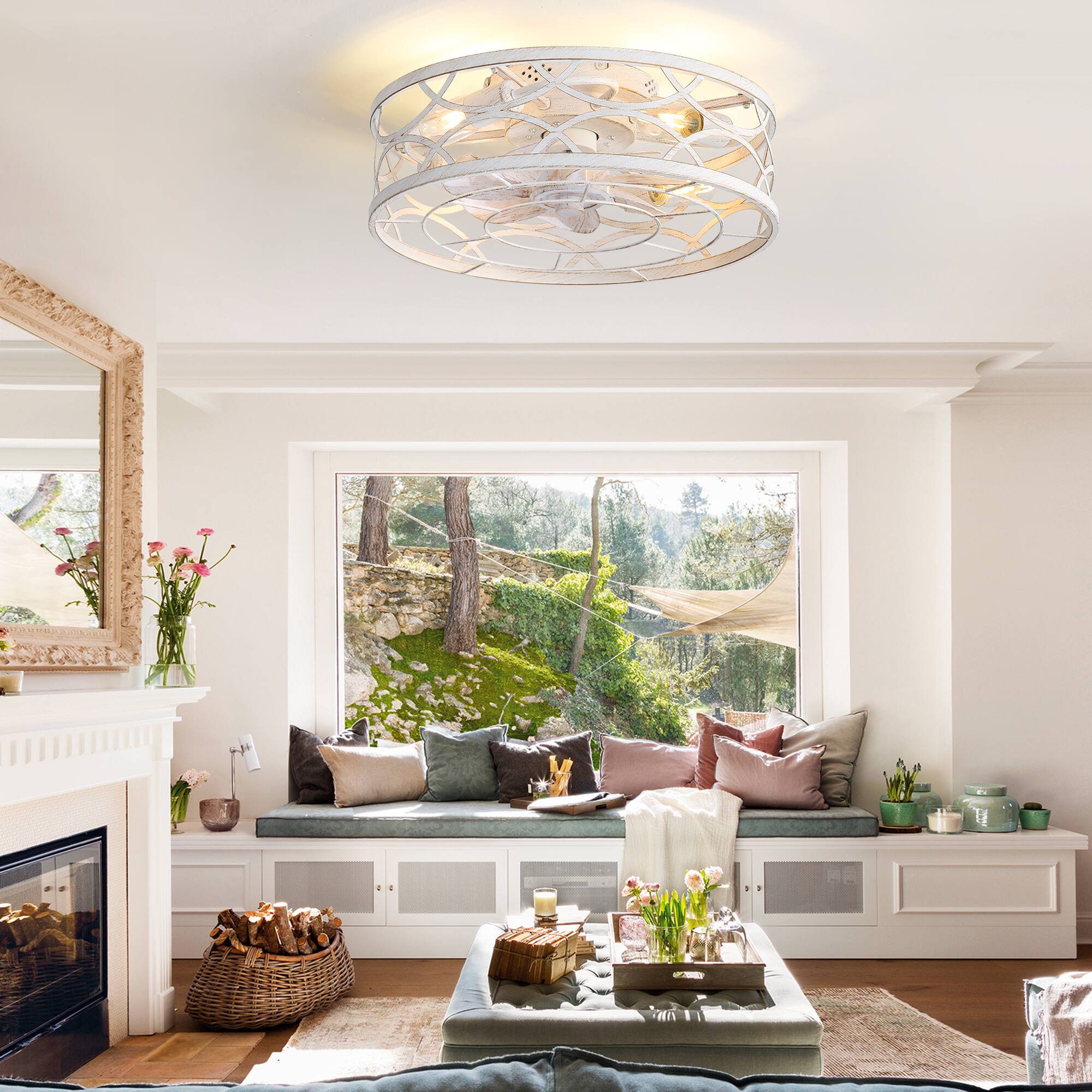 Alt View 2. Breezary - 18-Inch Flush Mount Caged Ceiling Fan with 7 ABS Blades, DC Motor, 6-Speed Remote Control, Memory Function - Distressed White and Gold.