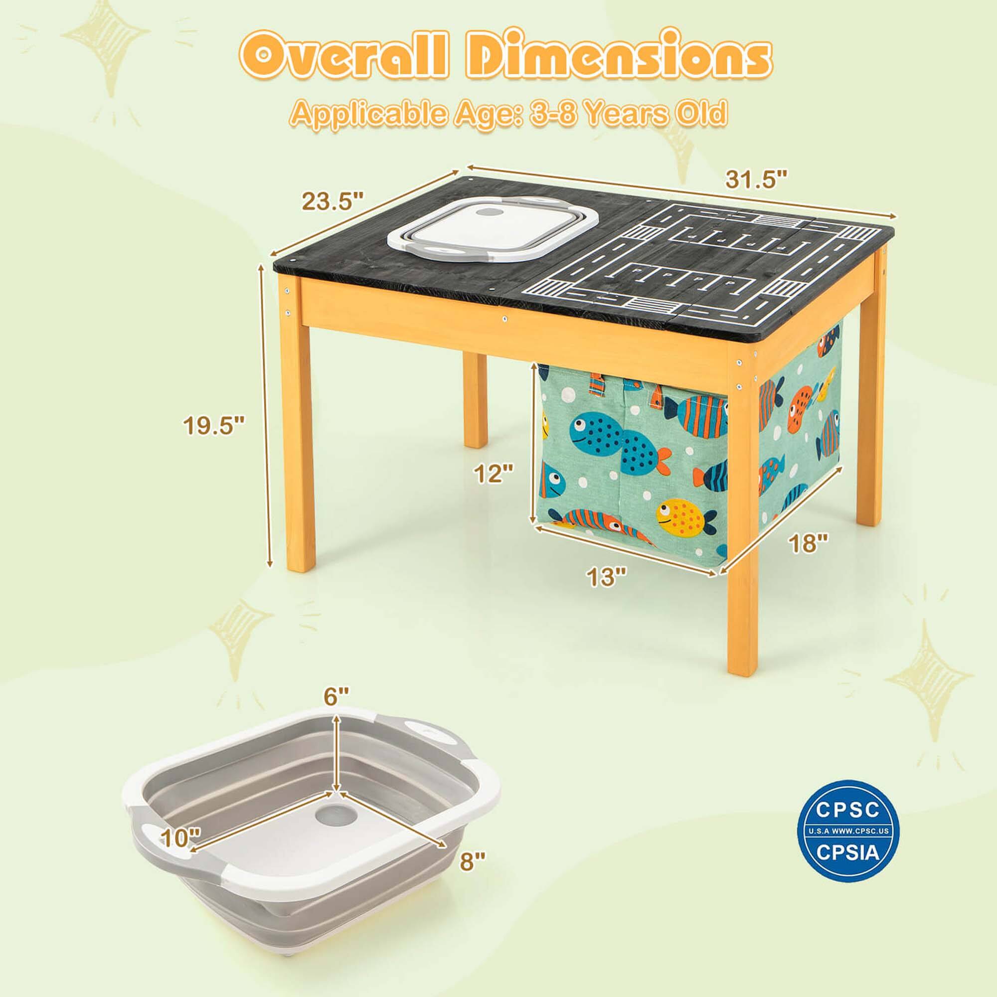 Overall Dimensions  
Applicable Age: 3-8 Years Old  

- Length: 31.5"  
- Width: 23.5"  
- Height: 19.5"  
- Sink Depth: 6"  
- Sink Width: 10"  
- Sink Length: 8"  
- Shelf Height: 12"  
- Shelf Width: 18"  
- Shelf Depth: 13"  

CPSC UAA WEW WEw.CPSC.U CPIC E CPSIA