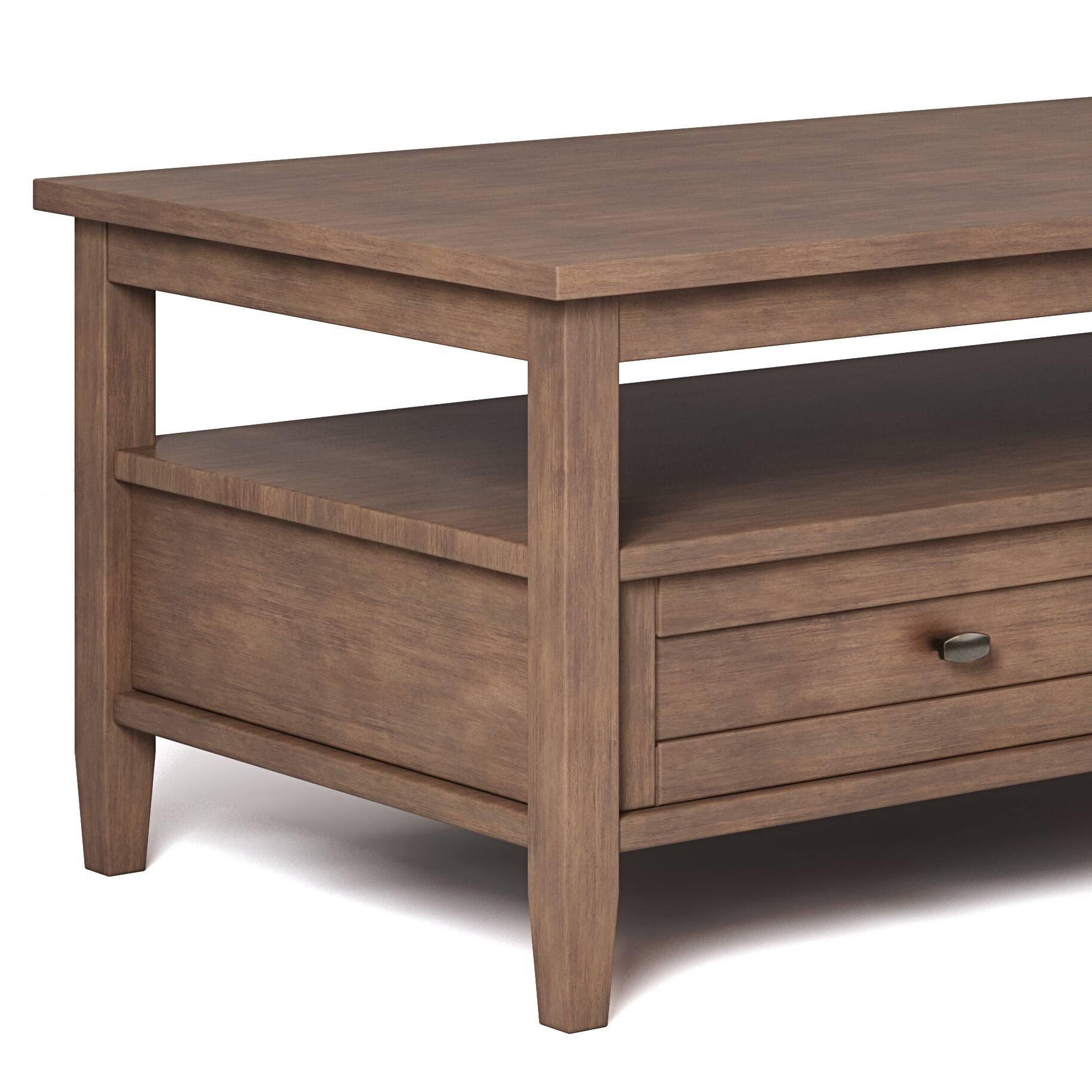 Left. Simpli Home - Warm Shaker Rectangular Rustic Wood 2-Drawer Coffee Table - Rustic Natural Aged Brown.
