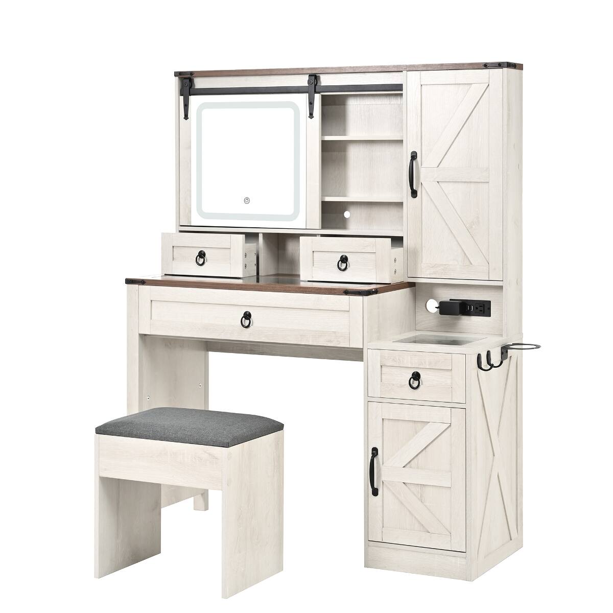 Alt View 8. Loheer - Loheer Farmhouse Vanity Desk with LED Mirror, Glass Top, Charging Station and Stool - White.