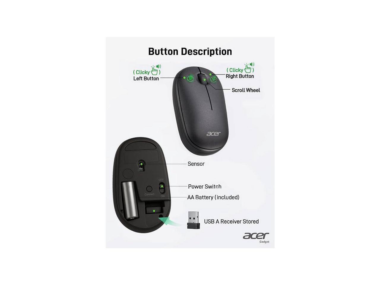 Button Description  
- Clicky Left Button  
- Clicky Right Button  
- Scroll Wheel  
- Sensor  
- Power Switch  
- AA Battery (included)  
- USB A Receiver Stored  
- Acer Gadget