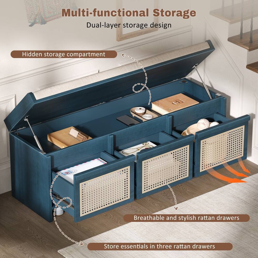 Multi-functional Storage  
Dual-layer storage design  

Hidden storage compartment  

Breathable and stylish rattan drawers  

Store essentials in three rattan drawers