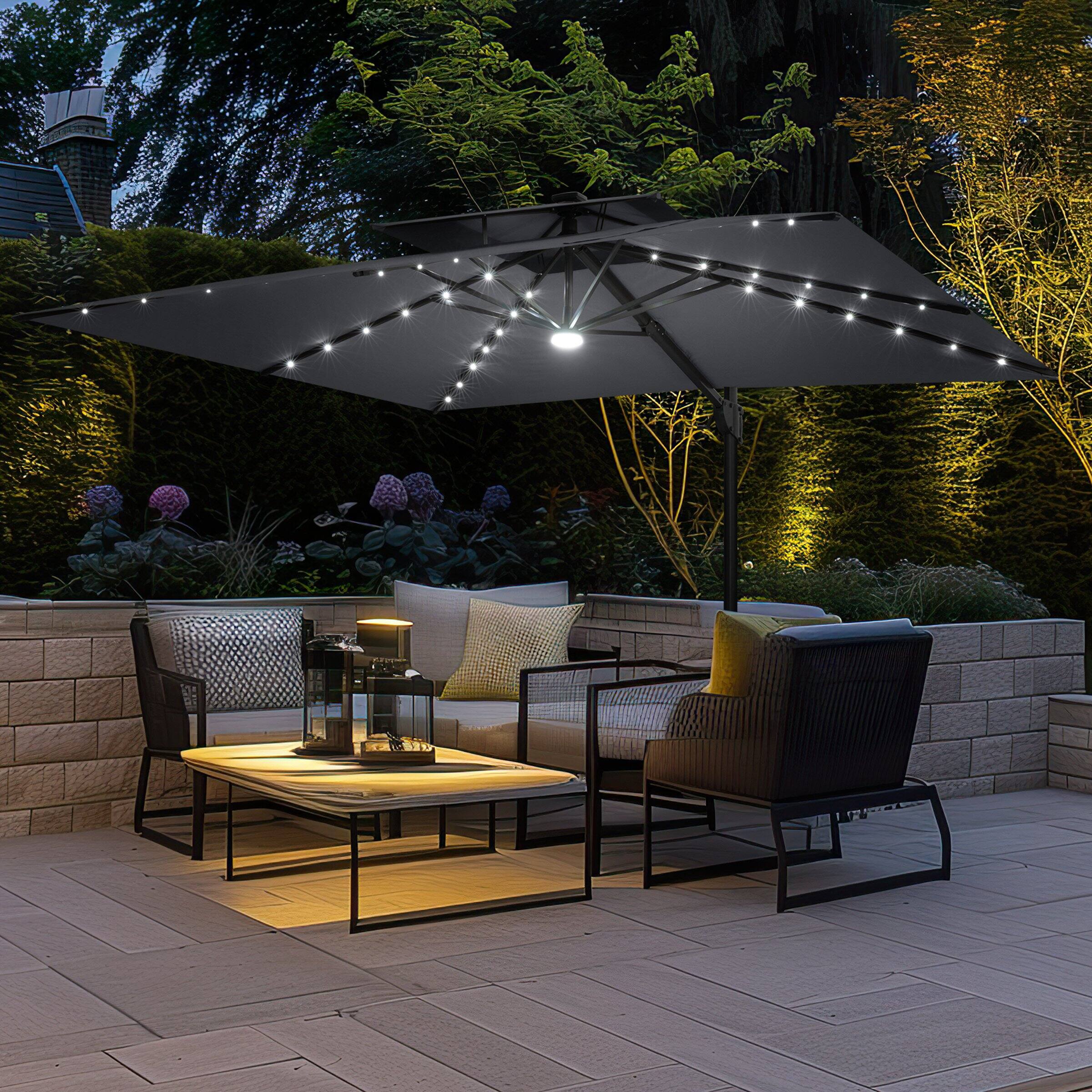 Alt View 5. Crestlive Products - Crestlive Products 9x11ft Aluminum Double Top Crank Cantilever Patio Umbrella with Lights with Base - Dark gray.