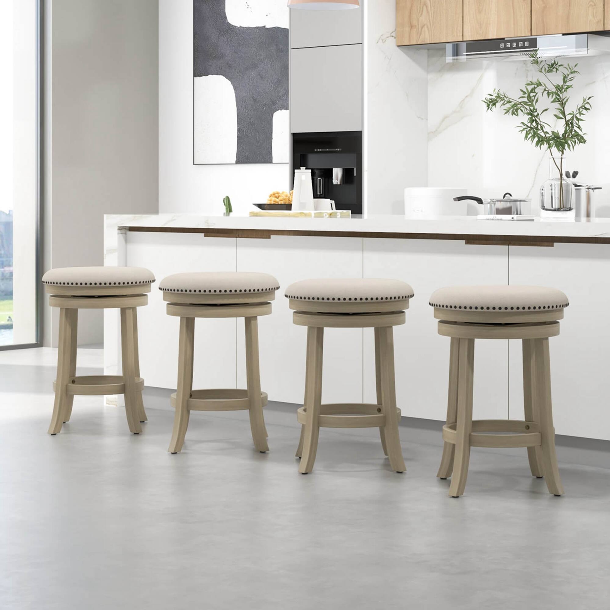 Alt View 3. Costway - Costway 26.5" Swivel Bar Stools Set of 2 Round Counter Height Barstools with Wooden Frame - Beige,Natural.