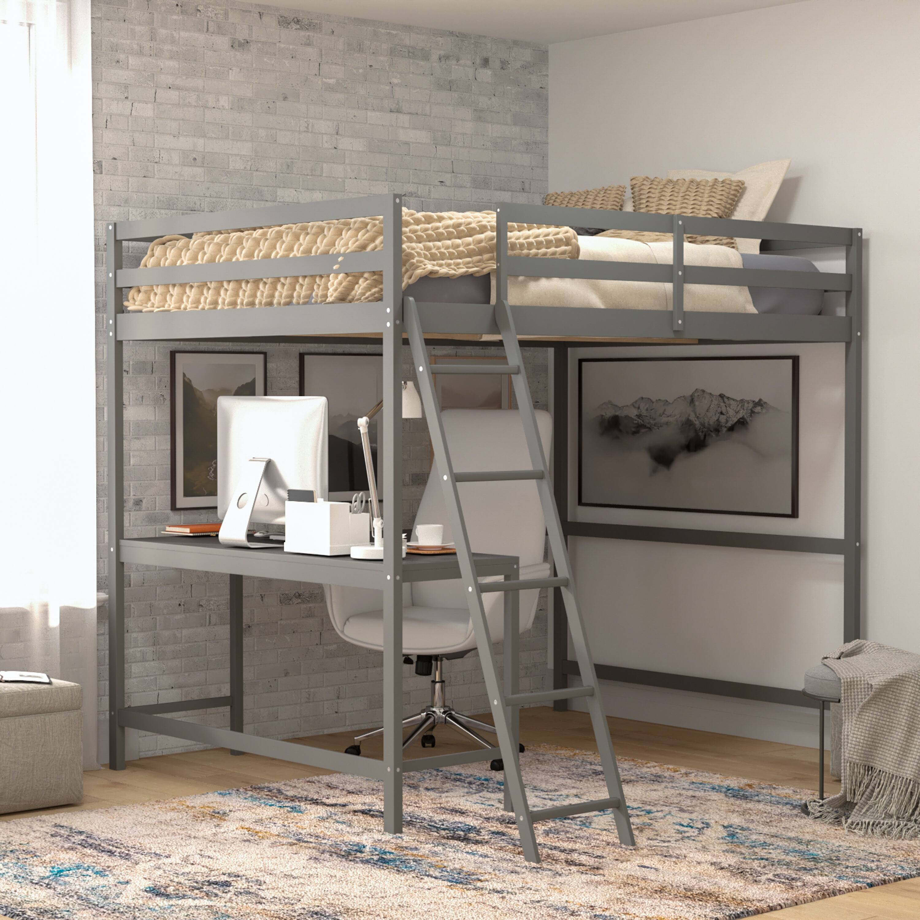 Alt View 1. Flash Furniture - Riley Loft Bed Frame with Desk, Full Size Wooden Bed Frame with Protective Guard Rails & Ladder for Kids and Teens - Lig - Gray.
