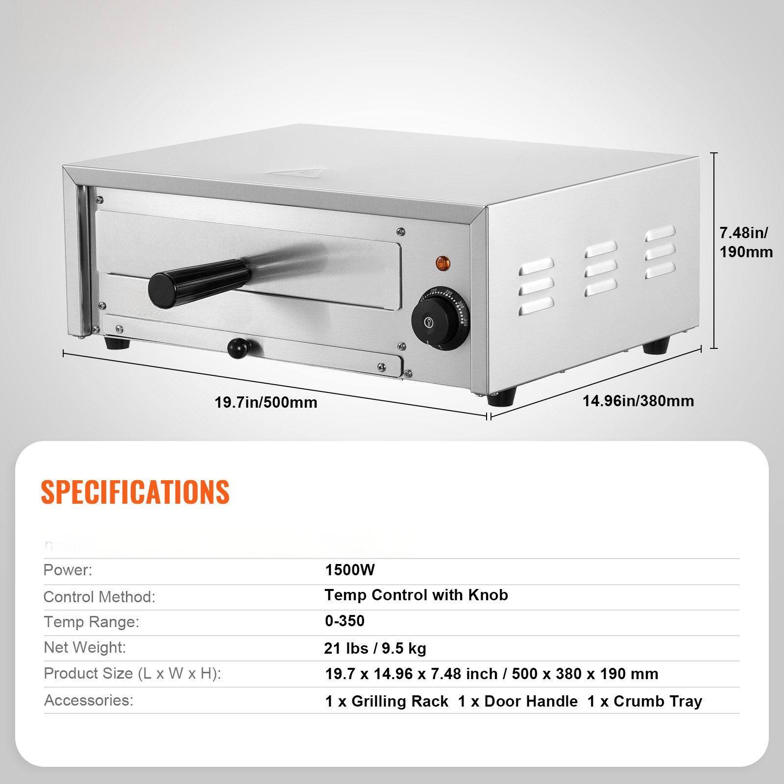 **SPECIFICATIONS**

- **Power:** 1500W
- **Control Method:** Temp Control with Knob
- **Temp Range:** 0-350
- **Net Weight:** 21 lbs / 9.5 kg
- **Product Size (L x W x H):** 19.7 x 14.96 x 7.48 inch / 500 x 380 x 190 mm
- **Accessories:** 1 x Grilling Rack, 1 x Door Handle, 1 x Crumb Tray