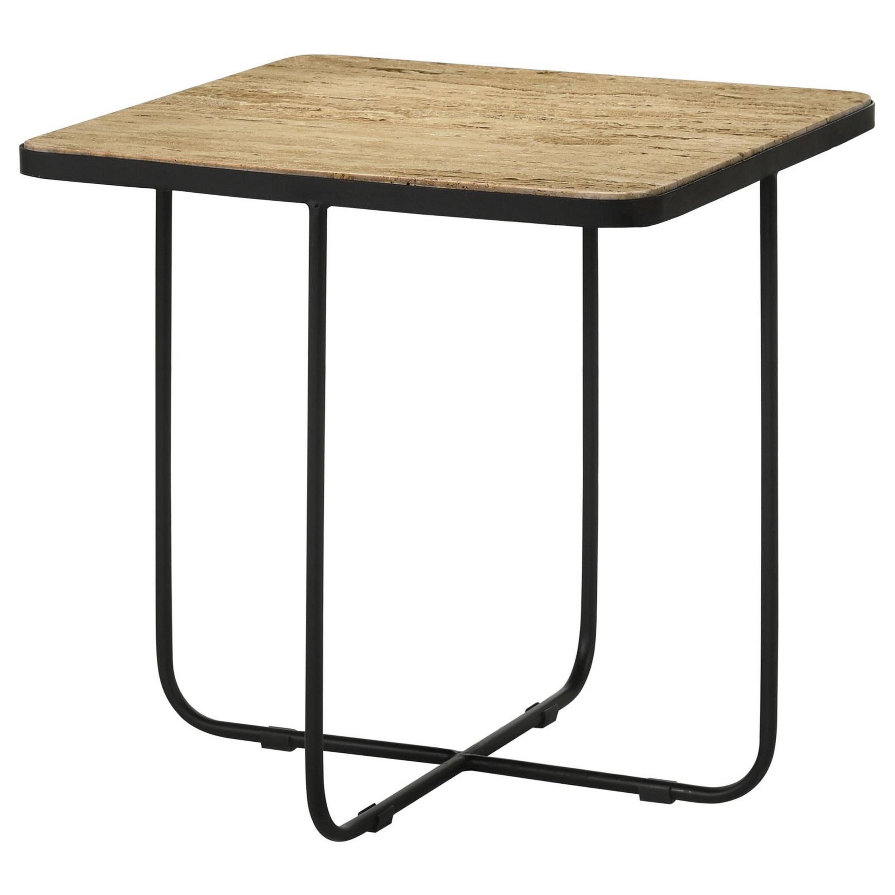 Back. Manhattan Lane - 24 Inch Square Accent Side End Table, Iron, Travertine Marble Top - Natural, Black.