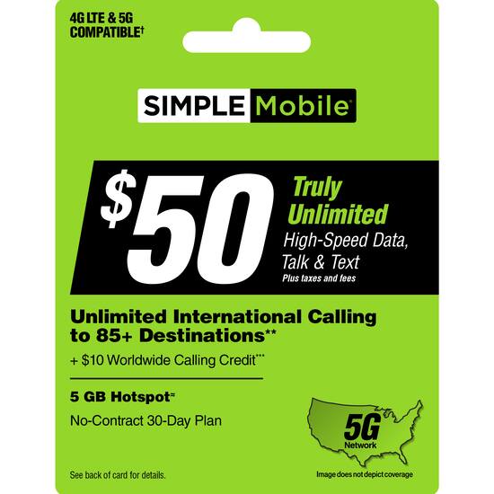 Simple Mobile $50 Truly Unlimited High Speed Data, Talk & Text 30