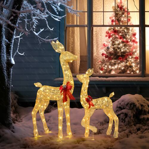 Alt View 5. Winado - 2 PCS Gold Reindeer Family Lighted Deer Set 54in Doe 22in Fawn for Indoor Outdoor Holiday Decoration - Golden.