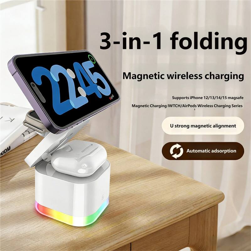 3-in-1 folding  
Magnetic wireless charging  

Supports iPhone 12/13/14/15 magsafe  
Magnetic Charging IWTCH/AirPods Wireless Charging Series  

U strong magnetic alignment  
Automatic adsorption