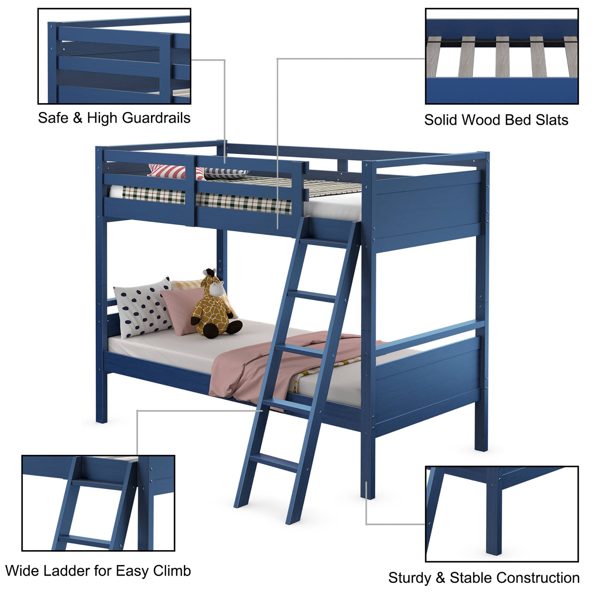 Alt View 7. Costway - Costway Twin Over Twin Bunk Bed Convertible 2 Individual Beds Wooden - Navy.