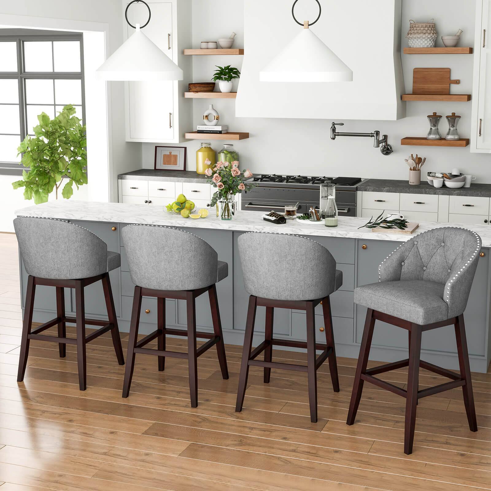 Alt View 1. Costway - 31" Bar Stools Set of 4 with Rubber Wood Frame Swivel Seat Footrest & Rivet - Grey/Brown.