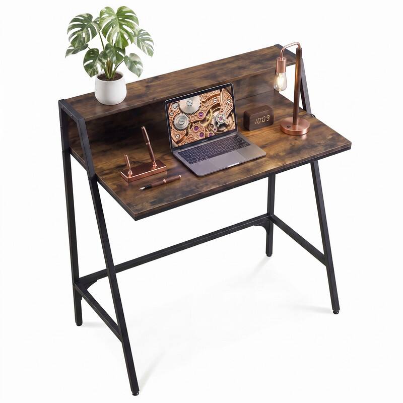 Angle. WELLFOR - 31.5" 2 Tier Small Computer Desk PC Laptop Table, Computer Study Writing Workstation for Home Office - Rustic Brown.