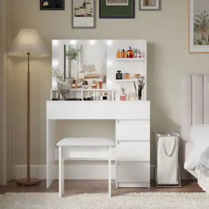Front. LUCKY ONE - 31.5in Vanity Desk with LED Mirror, Charging Station, 10 Bulbs, Drawers, Shelves and Stool - White.