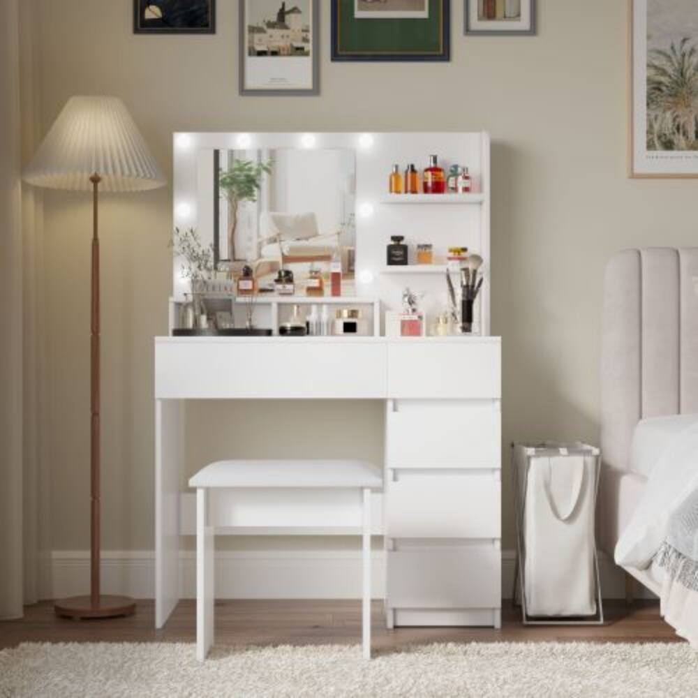 Front. LUCKY ONE - 31.5in Vanity Desk with LED Mirror, Charging Station, 10 Bulbs, Drawers, Shelves and Stool - White.