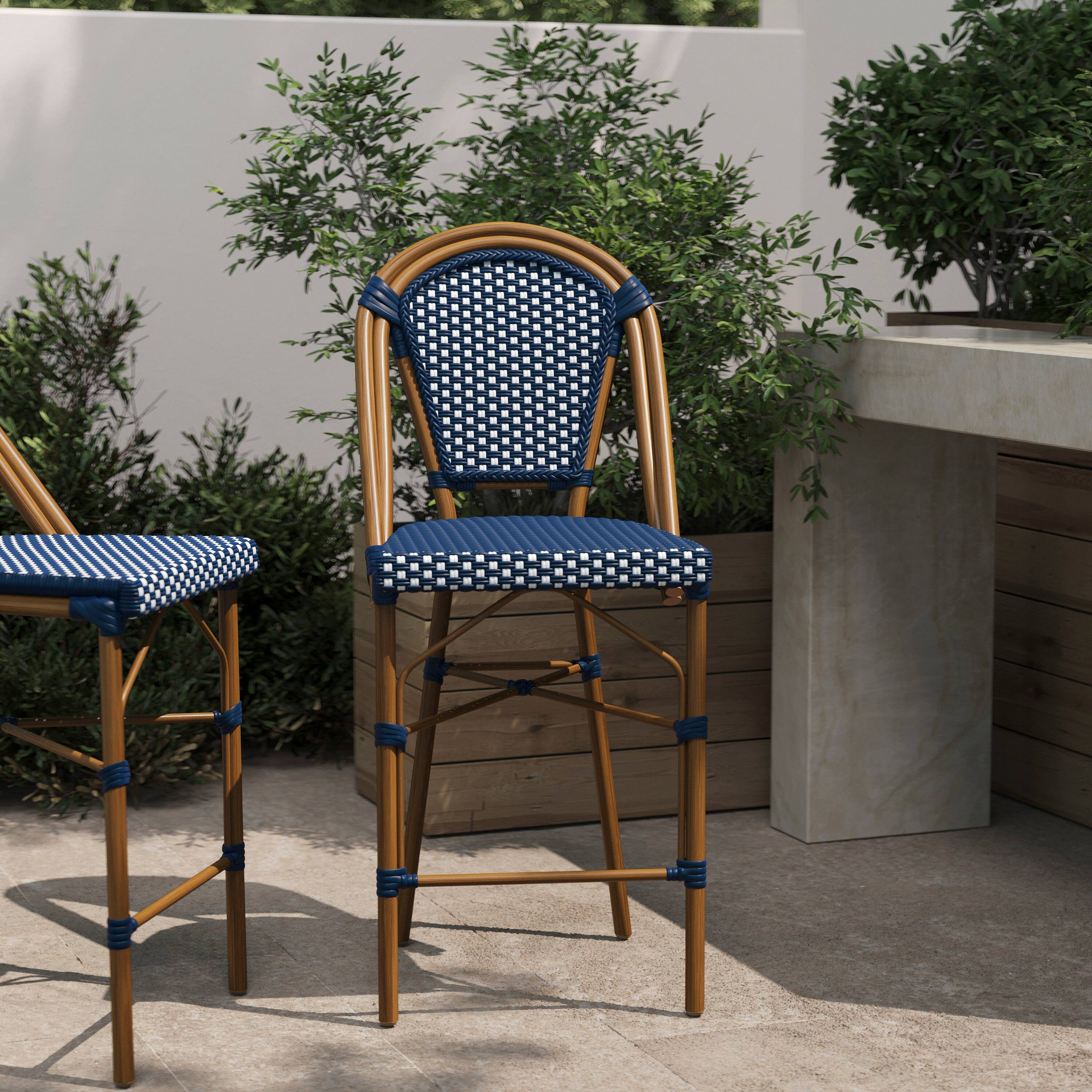 Alt View 1. Flash Furniture - Bordeaux Stackable Indoor/Outdoor Bistro 26" High Counter Height Stool, Commercial Grade, Navy/White and Bamboo Finish - Blue.