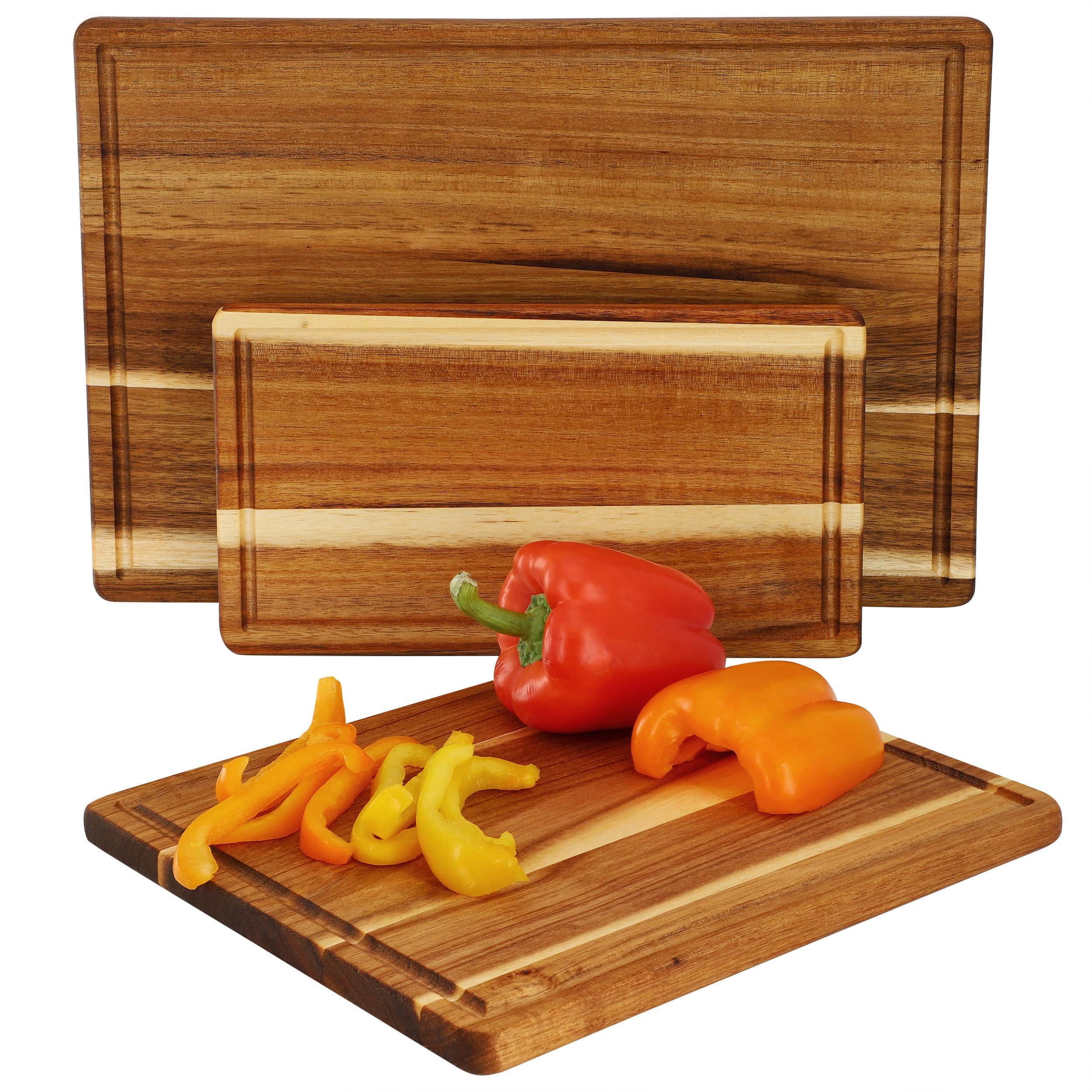 Front. MegaChef - MegaChef 3 Piece 7 Inch, 10 Inch, and 17 Inch Acacia Wood Cutting Board Set with Juice Grooves - Brown.