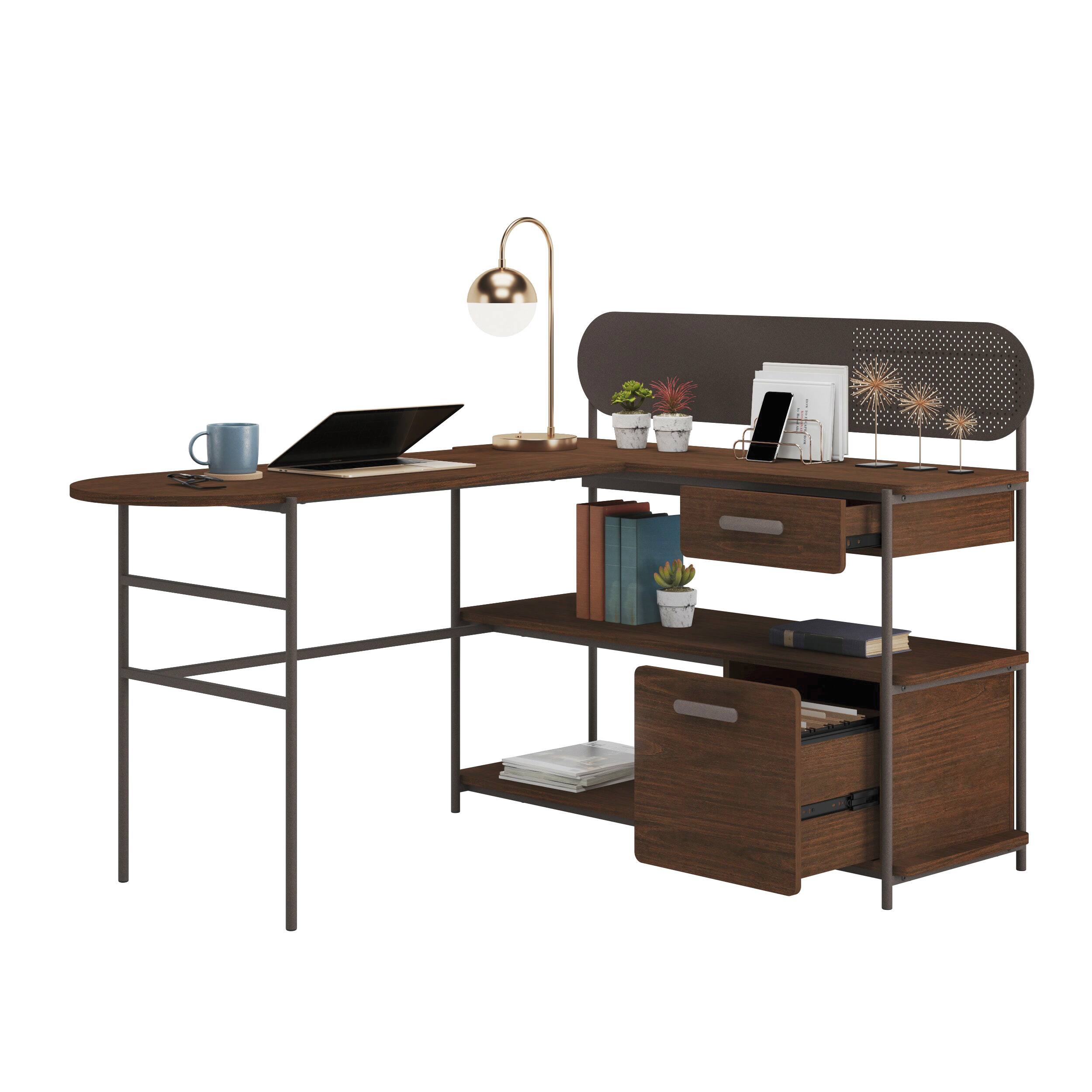 Angle. Spaco - Reversible L-Shaped Computer Desk, File & Storage Drawers, Cable Panel, Office - Brown.