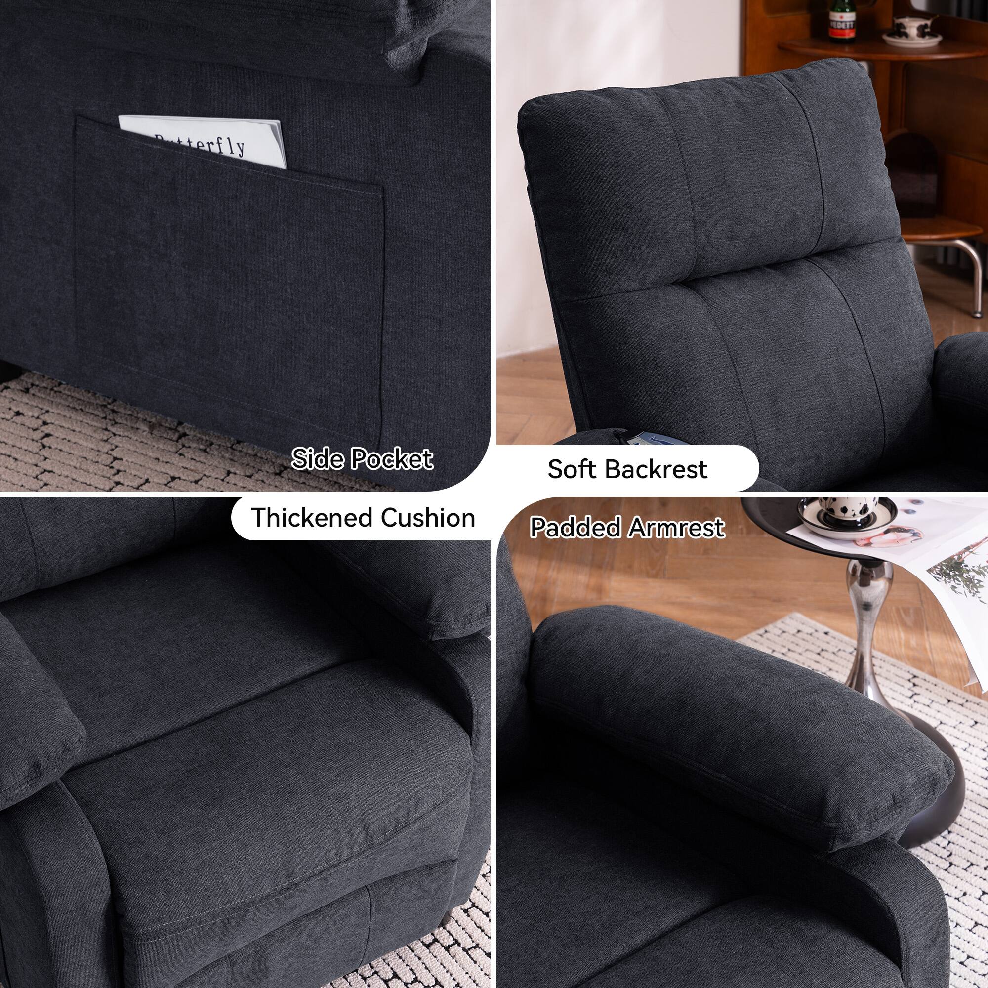 - Side Pocket
- Soft Backrest
- Thickened Cushion
- Padded Armrest