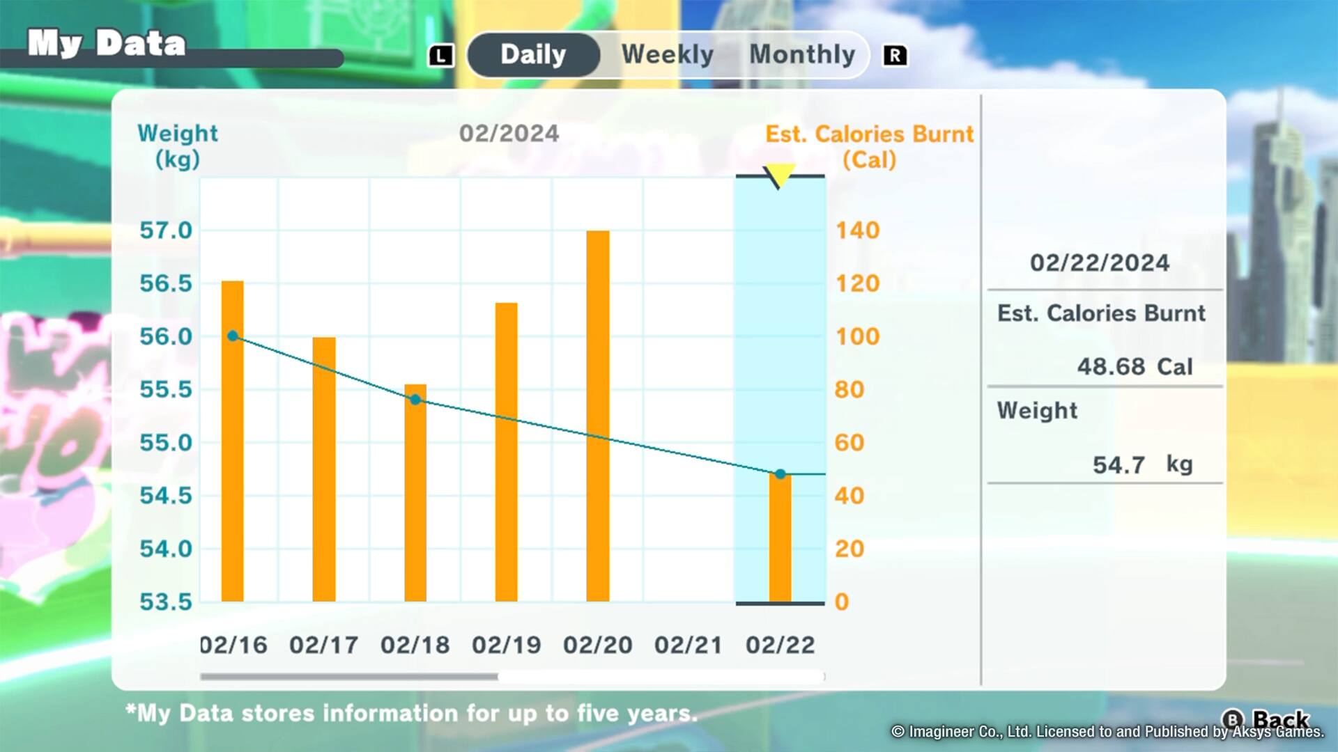 My Data:

* Daily:
	+ Weight (kg): 02/2024
	+ Est. Calories Burnt (Cal): 57.0
* Weekly:
	+ Weight (kg): 02/2024
	+ Est. Calories Burnt (Cal): 56.5
* Monthly:
	+ Weight (kg): 02/2024
	+ Est. Calories Burnt (Cal): 56.0
* Yearly:
	+ Weight (kg): 02/2024
	+ Est. Calories Burnt (Cal): 55.5

Note: The text on the image is grouped and corrected based on the provided information.
