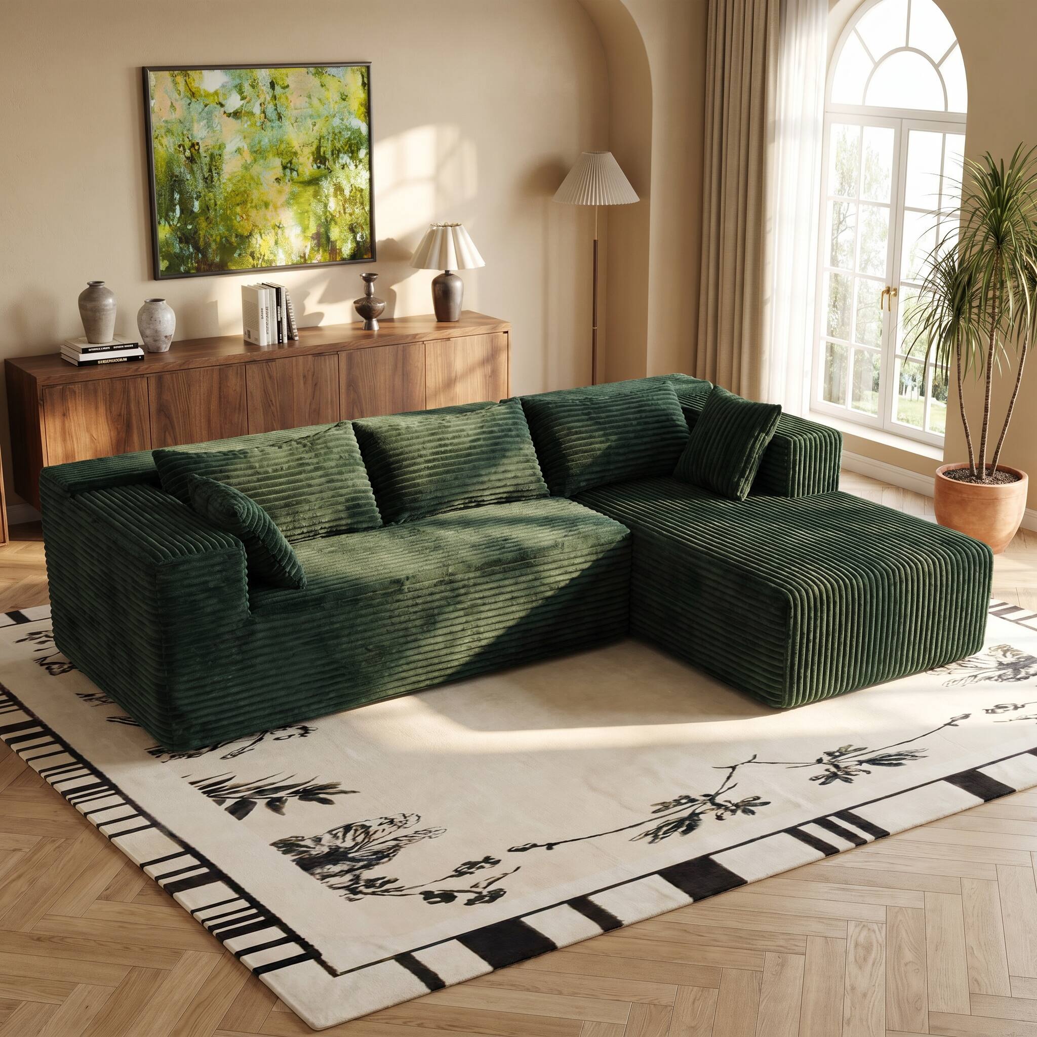 Alt View 3. FUFU & GAGA - Modular Corduroy L-Shaped Sectional Sofa with Chaise, High-Density Rebound Sponge Cushions Tool-Free Assembly - Dark Green.