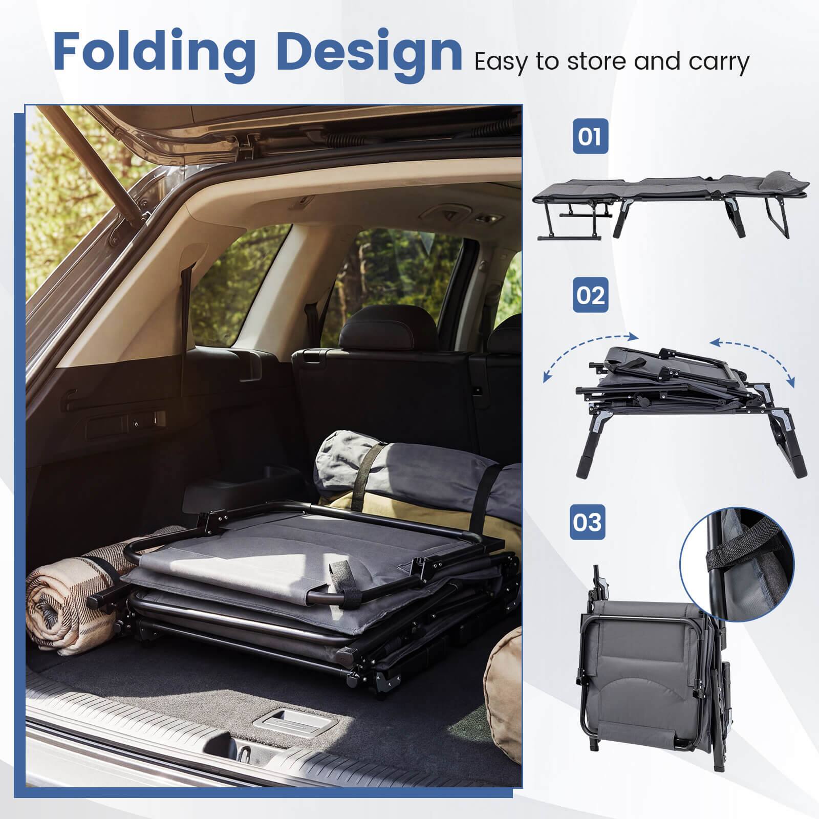 Folding Design  
Easy to store and carry  

01  
02  
03